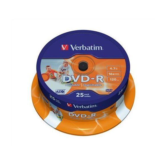 DVD-R lemez, nyomtatható, matt, ID, 4,7GB, 16x, hengeren, VERBATIM