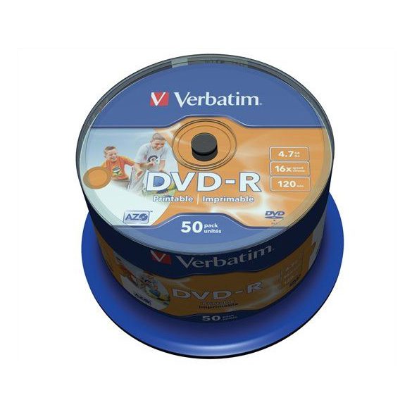 DVD-R lemez, nyomtatható, matt, no-ID, 4,7GB, 16x, hengeren, VERBATIM