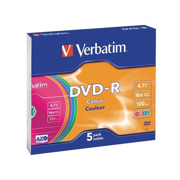 DVD-R lemez, színes felület, AZO, 4,7GB, 16x, vékony tok, VERBATIM