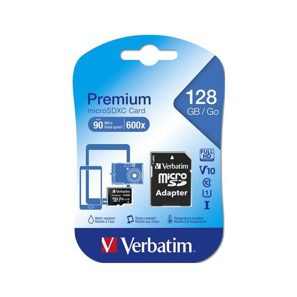 Memóriakártya, microSDXC, 128GB, CL10/U1, 90/10 MB/s, adapter, VERBATIM "Premium"