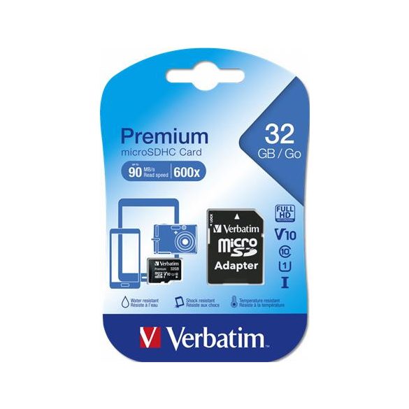 Memóriakártya, microSDHC, 32GB, CL10/U1, 90/10 MB/s, adapter, VERBATIM "Premium"