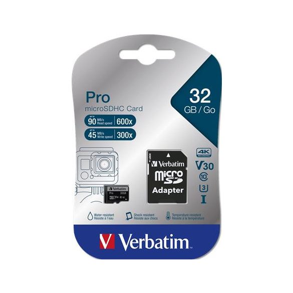 Memóriakártya, microSDHC, 32GB, CL10/U3, 90/45 MB/s, adapter, VERBATIM "PRO"