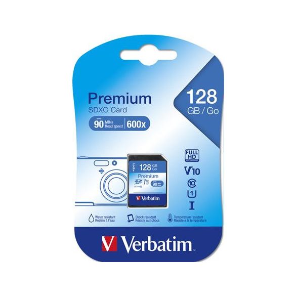 Memóriakártya, SDXC, 128GB, CL10/U1, 90/10 MB/s, VERBATIM "Premium"