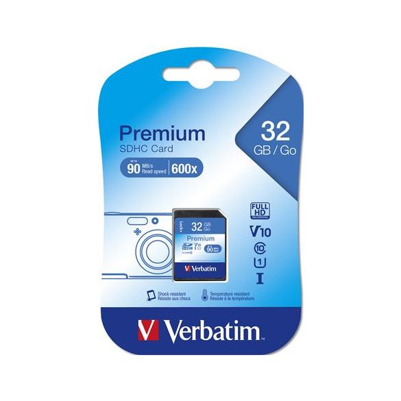 Memóriakártya, SDHC, 32GB, CL10/U1, 90/10 MB/s, VERBATIM "Premium"