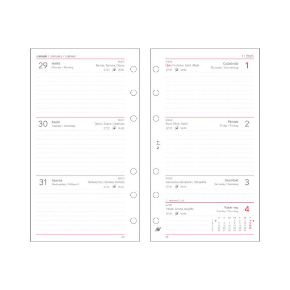 Kalendárium betét, tervező, heti, "M", SATURNUS, fehér 2026