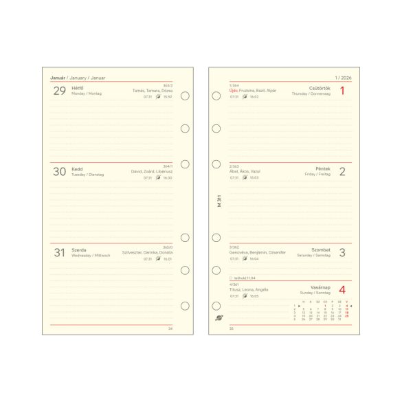 Kalendárium betét, tervező, heti, "M", SATURNUS, chamois 2026