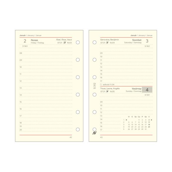 Kalendárium betét, tervező, napi, "S", SATURNUS, chamois 2026
