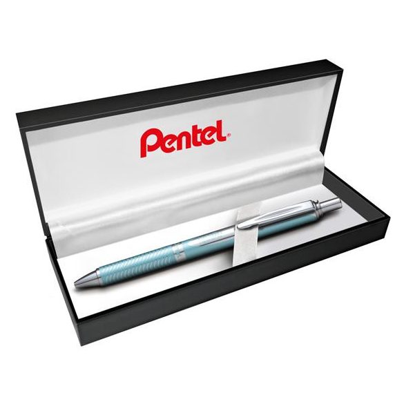 Zseléstoll, 0,35 mm, nyomógombos, aquamarin tolltest, PENTEL "EnerGel BL-407" fekete, ajándék kék tollbetéttel