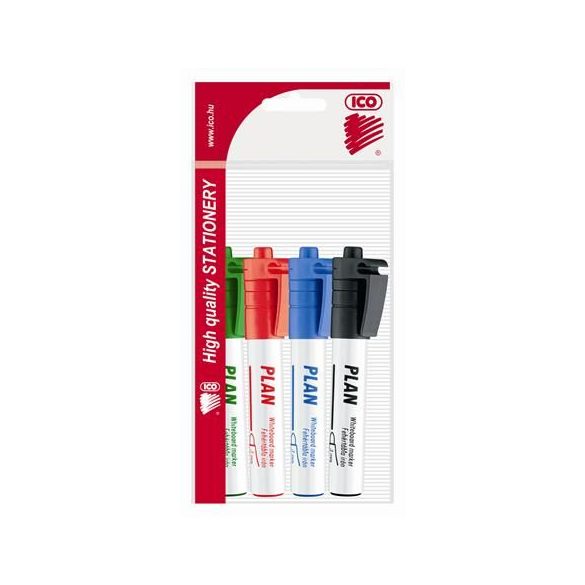 Tábla- és flipchart marker készlet, 1-3 mm, kúpos, ICO "Plan", 4 különböző szín
