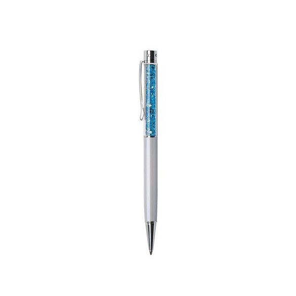 Golyóstoll, krémfehér, felül aquakék SWAROVSKI® kristályokkal töltve, 14 cm, ART CRYSTELLA®