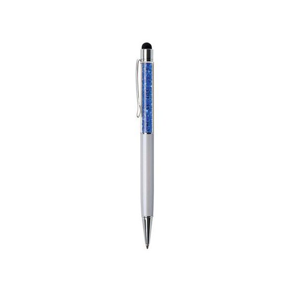 Golyóstoll, krémfehér, felül zafírkék SWAROVSKI® kristállyal töltve, érintővel, 14 cm, ART CRYSTELLA®