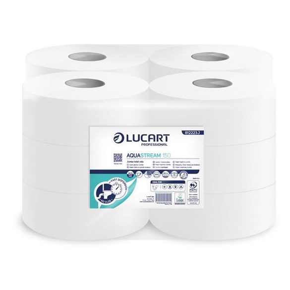 Toalettpapír, 2 rétegű, nagytekercses, 150 m, 19 cm átmérő, LUCART "Aquastream 150", fehér