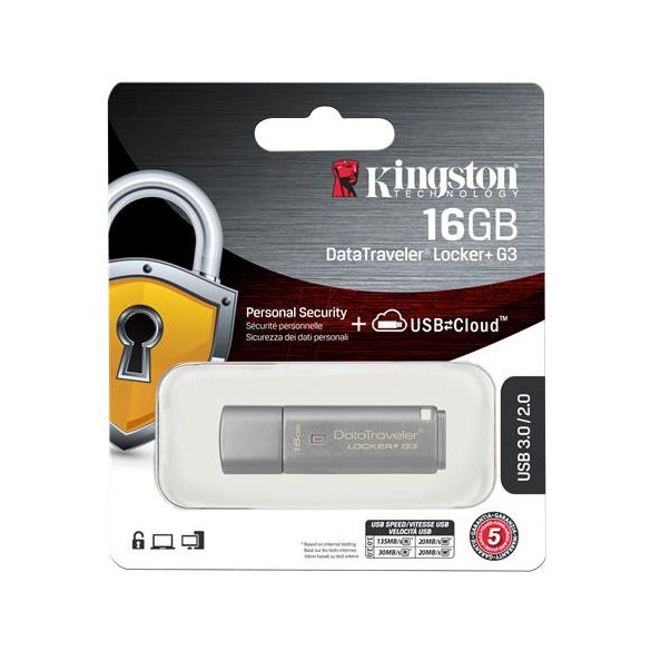 Pendrive, 16GB, USB 3.0, jelszavas védelem, KINGSTON " DataTraveler Locker+ G3", ezüst