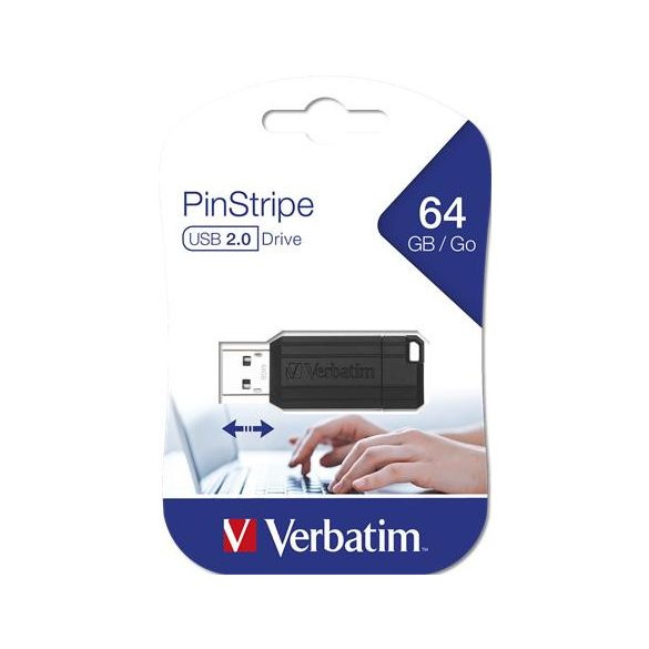 Pendrive, 64GB, USB 2.0, 10/4MB/sec, VERBATIM "PinStripe", fekete