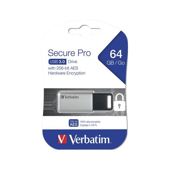 Pendrive, 64GB, USB 3.0, 100/35MB/sec, PC & MAC, VERBATIM "Secure Data Pro", szürke