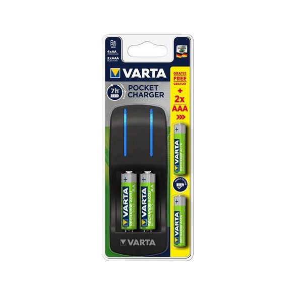 Elemtöltő, AA ceruza/AAA mikro, 4x2100 mAh AA+ 2x 800 mAh AAA, VARTA "Pocket"