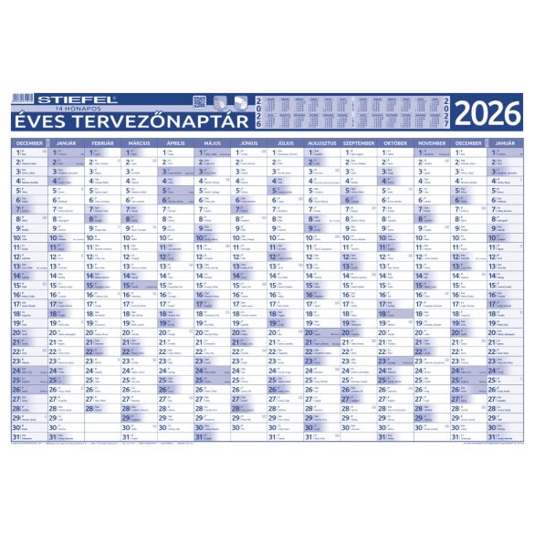 Éves tervező és projekt naptár, kétoldalas, fémléces, kék színű filctollal, 70x100 cm, 2025 évi, STIEFEL